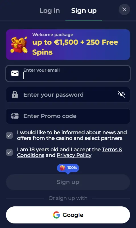 Sign Up Page at NineWin Casino